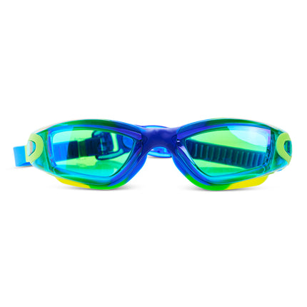 Voyage Swim Goggles in Rainforest all silicone swim goggles showing swirled yellow, green and blue silicone frame and green tinted lens