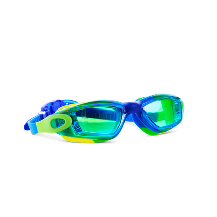 angled shot of Voyage Swim Goggles in Rainforest all silicone swim goggles showing swirled yellow, green and blue silicone frame and green tinted lens