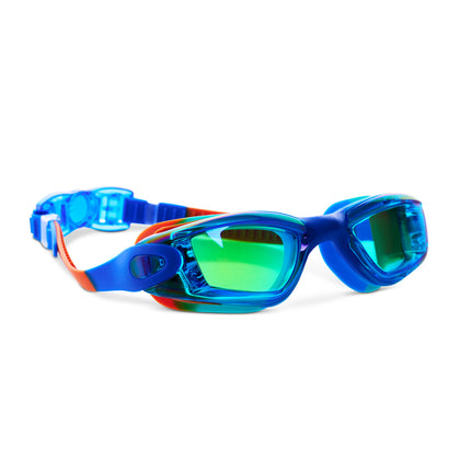 Voyage Swim Goggles in Trail Blaze all silicone swim goggles showing swirled blue, green and red silicone frame and green tinted lens