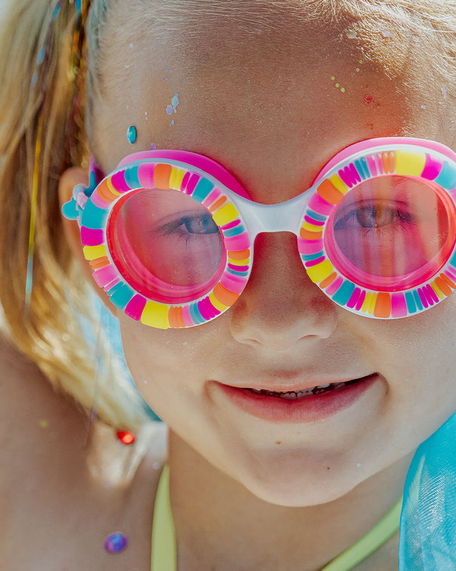 bestie charm bracelet kid's swim goggles in U R LUVED pink as seen on news12 