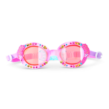 Oval Shaped Kids swim goggles in Pink Parade with rhinestones, star gems, and cotton candy decals 