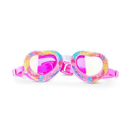 Crystal Crush Kids Swim Goggles in sugar kiss showing crushed rhinestone decor over a rainbow swirl frame