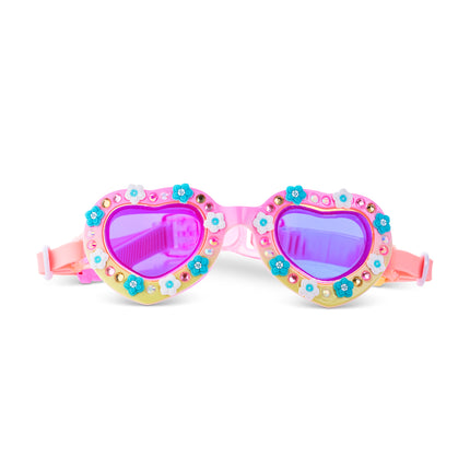 Daisies at Dawn kids swim goggles in sunkissed petals showing flower charms and rhinestones and tinted lens on a sunrise ombre colored frame