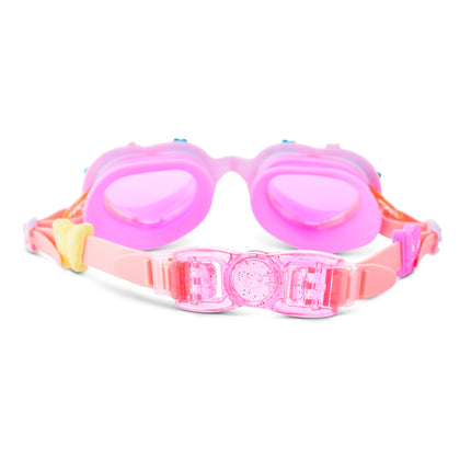 back view of Daisies at Dawn kids swim goggles in sunkissed petals showing glitter infused back clip and strap