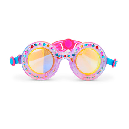 dazzling kids' round shaped swim goggles in gumball gleam showing rhinestones and 3D rhinestones in the double walled frame