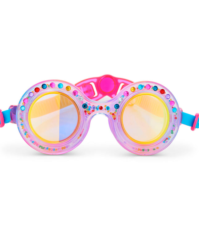 dazzling kids' round shaped swim goggles in gumball gleam showing rhinestones and 3D rhinestones in the double walled frame