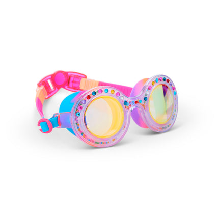 angled view of dazzling kids' round shaped swim goggles in gumball gleam showing rhinestones and 3D rhinestones in the double walled frame