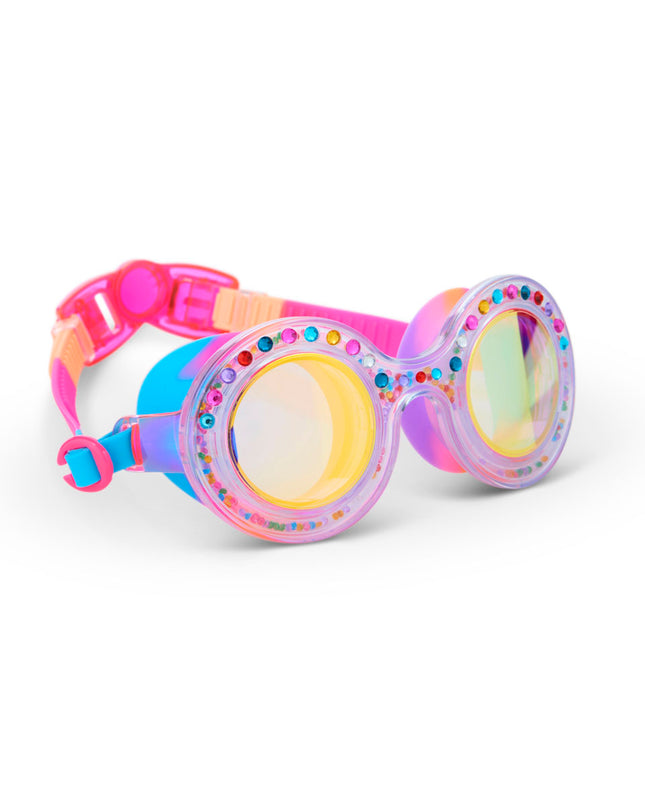 angled view of dazzling kids' round shaped swim goggles in gumball gleam showing rhinestones and 3D rhinestones in the double walled frame
