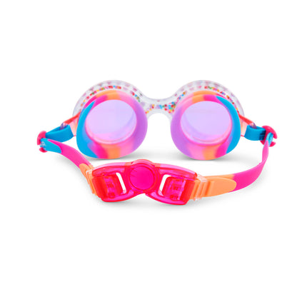 back view of dazzling kids' round shaped swim goggles in gumball gleam showing back clip and strap