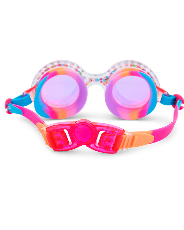back view of dazzling kids' round shaped swim goggles in gumball gleam showing back clip and strap