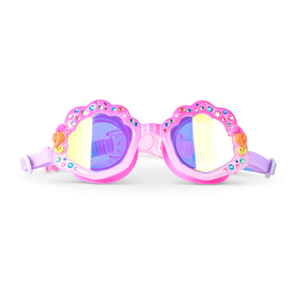 enchanted shoreline kids' swim goggles showing rhinestones, seahorse decals and mirrored lens