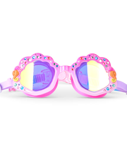 enchanted shoreline kids' swim goggles showing rhinestones, seahorse decals and mirrored lens