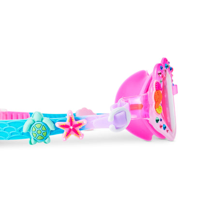close-up view of enchanted shoreline kids' swim goggles showing sequin stream silicone sliders on textured strap 