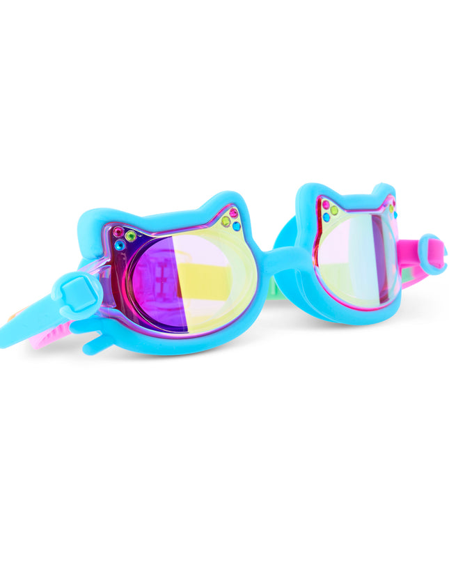 Angled view of Flexi Feline Pouncy Blue swim goggles with cat ears