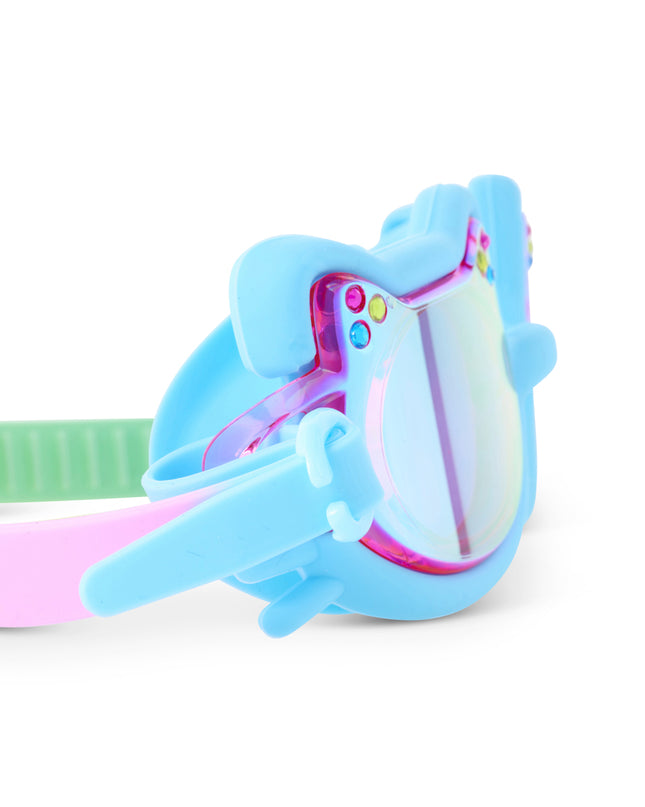 Close-up of Flexi Feline swim goggles in Pouncy Blue showing silicone cat detail