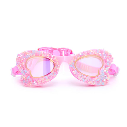 butterfly shaped kids swim goggles in blush butterfly showing crushed rhinestones on the frame