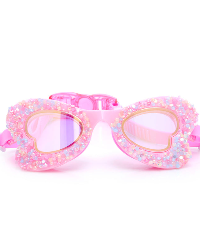 butterfly shaped kids swim goggles in blush butterfly showing crushed rhinestones on the frame