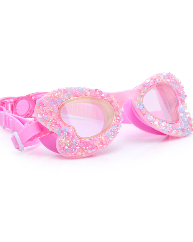 angle view of butterfly shaped kids swim goggles in blush butterfly showing crushed rhinestones on the frame