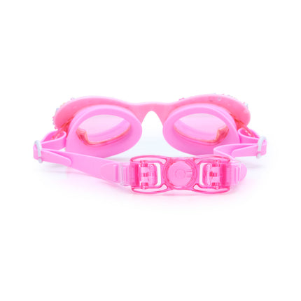 back view of butterfly shaped kids swim goggles in blush butterfly showing back clip and strap