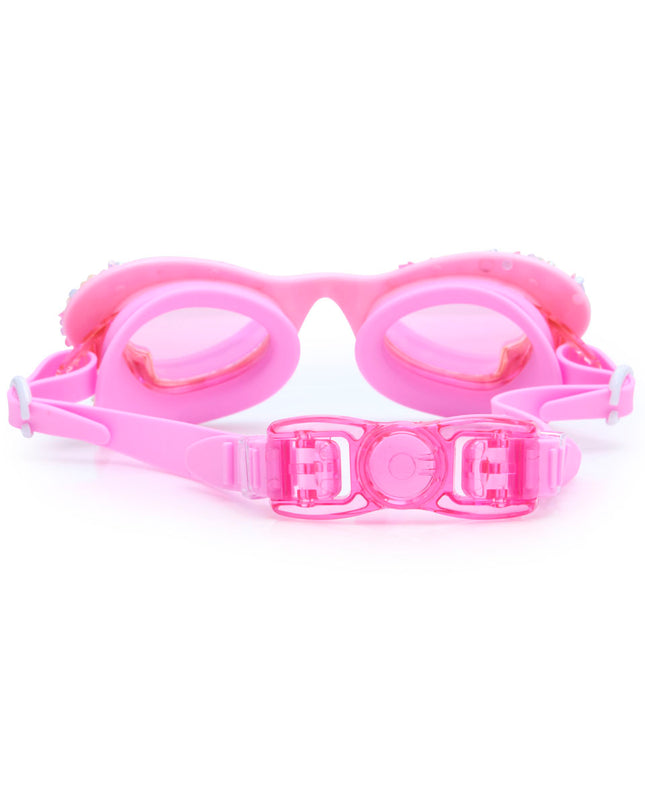 back view of butterfly shaped kids swim goggles in blush butterfly showing back clip and strap