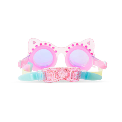 back view of Frosted Feline kids swim goggles in pink purr showing the strap and a glitter infused back clip