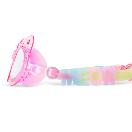 close-up view of Frosted Feline kids swim goggles in pink purr showing our signature MEOW silicone sliders