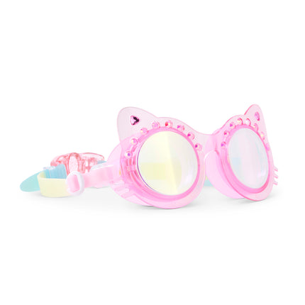 angled view of Frosted Feline kids swim goggles in pink purr showing a pink translucent cat-shaped frame with rhinestones