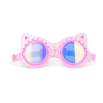 Frosted Feline kids swim goggles in pink purr showing a pink translucent cat-shaped frame with rhinestones