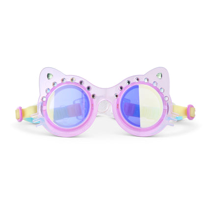 Frosted Feline kids swim goggles in purrfect purple showing a purple translucent cat-shaped frame with rhinestones