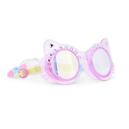 angled view of Frosted Feline kids swim goggles in purrfect purple showing a purple translucent cat-shaped frame with rhinestones