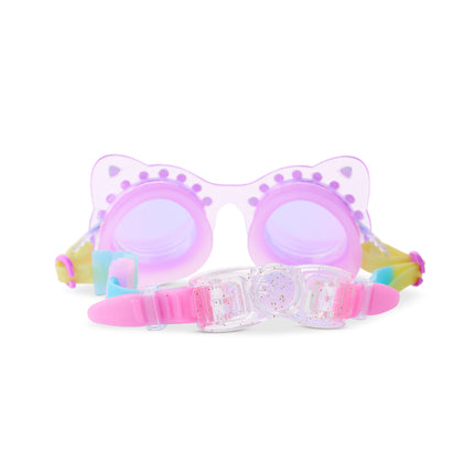 back view of Frosted Feline kids swim goggles in purrfect purple showing the strap and glitter infused back clip