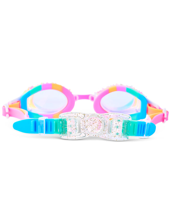 Close-up of Gelato Ice swim goggles in Sparkle Sherbet showing crushed gems and color swirl