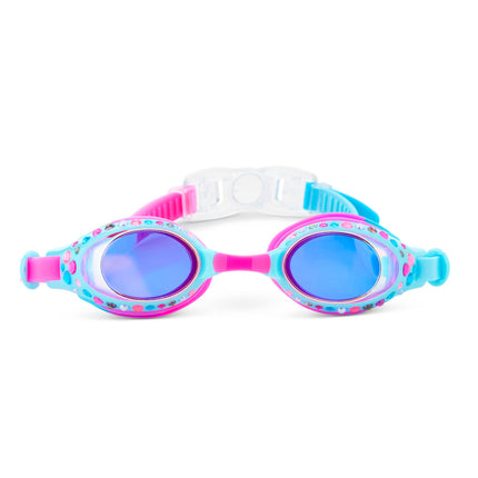 glimmering gemstones kids' swim goggles in crystal violet showing colorful rhinestones on a bright blue frame
