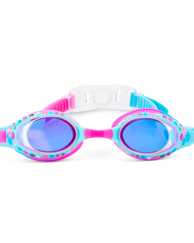 glimmering gemstones kids' swim goggles in crystal violet showing colorful rhinestones on a bright blue frame