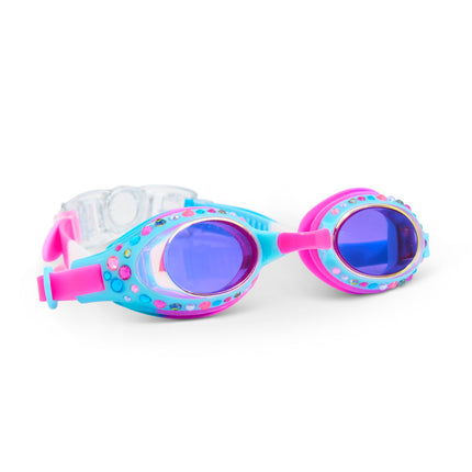 angled view of glimmering gemstones kids' swim goggles in crystal violet showing colorful rhinestones on a bright blue frame