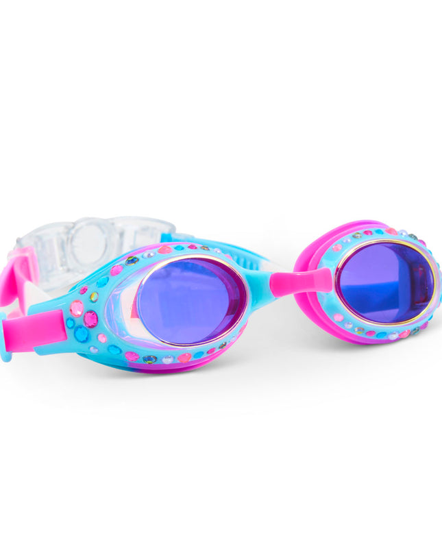 angled view of glimmering gemstones kids' swim goggles in crystal violet showing colorful rhinestones on a bright blue frame