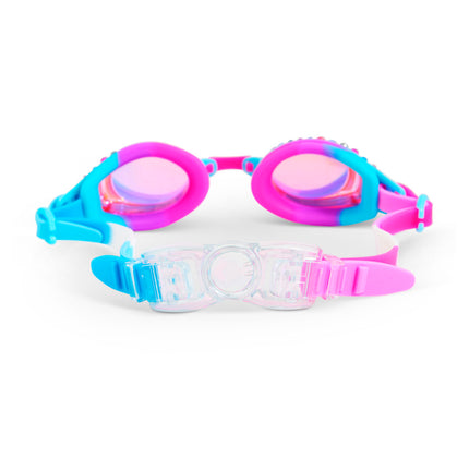 back view of glimmering gemstones kids' swim goggles in crystal violet showing strap and back clip