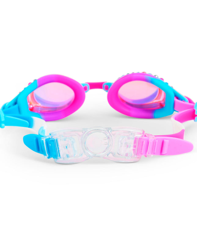 back view of glimmering gemstones kids' swim goggles in crystal violet showing strap and back clip
