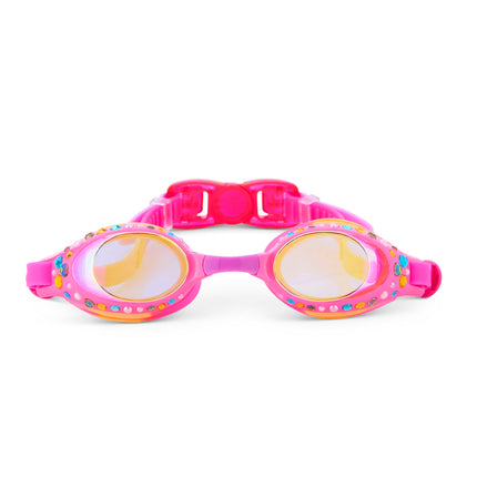 glimmering gemstones kids' swim goggles in tropical tanzanite showing rhinestones and gems on a bright pink swim goggle frame