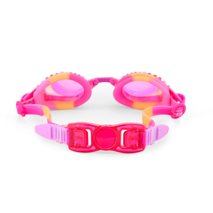 back view of glimmering gemstones kids' swim goggles in tropical tanzanite showing strap and back clip