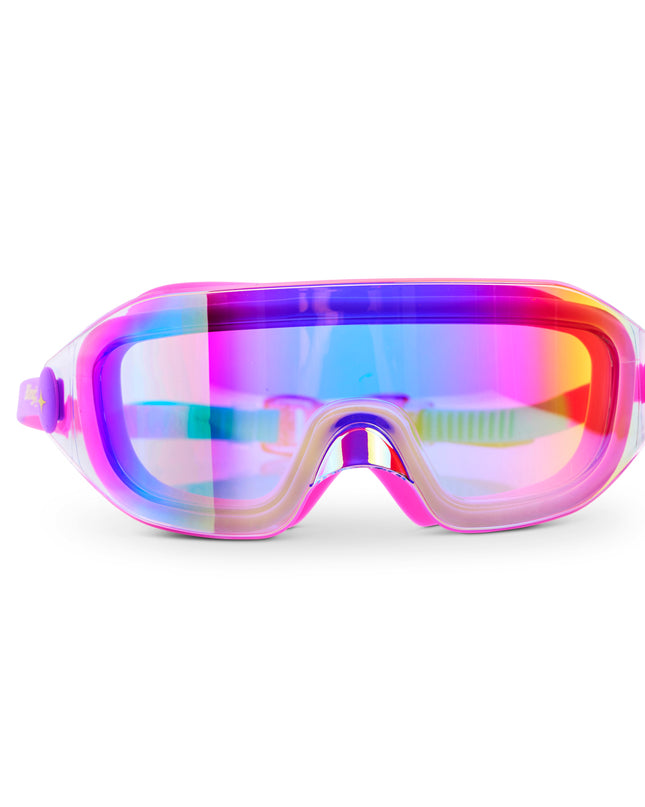 Hologlow Kid's Swim Goggles in Bubblegum Beam showing a wide reflective frameless lens with bubblegum pink silicone gasket