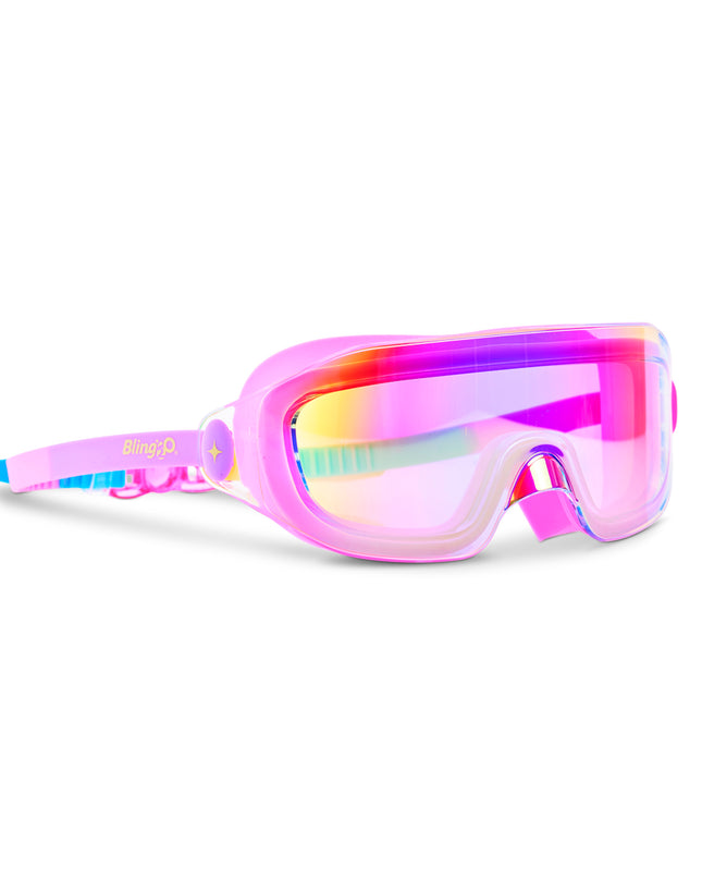 angled view of Hologlow Kid's Swim Goggles in Bubblegum Beam showing a wide reflective frameless lens with bubblegum pink silicone gasket