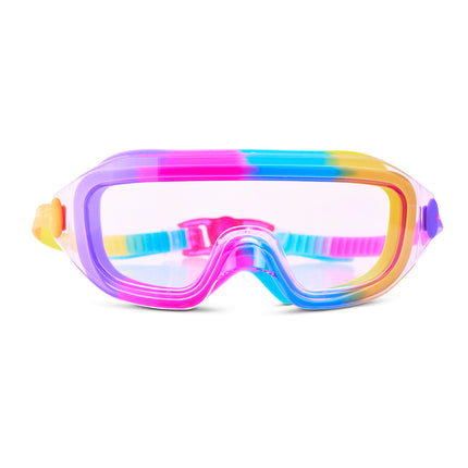 Hologlow Kid's Swim Goggles in Hyper Rainbow showing a wide frameless lens with purple, pink, blue and yellow silicone gasket