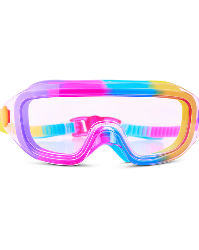 Hologlow Kid's Swim Goggles in Hyper Rainbow showing a wide frameless lens with purple, pink, blue and yellow silicone gasket