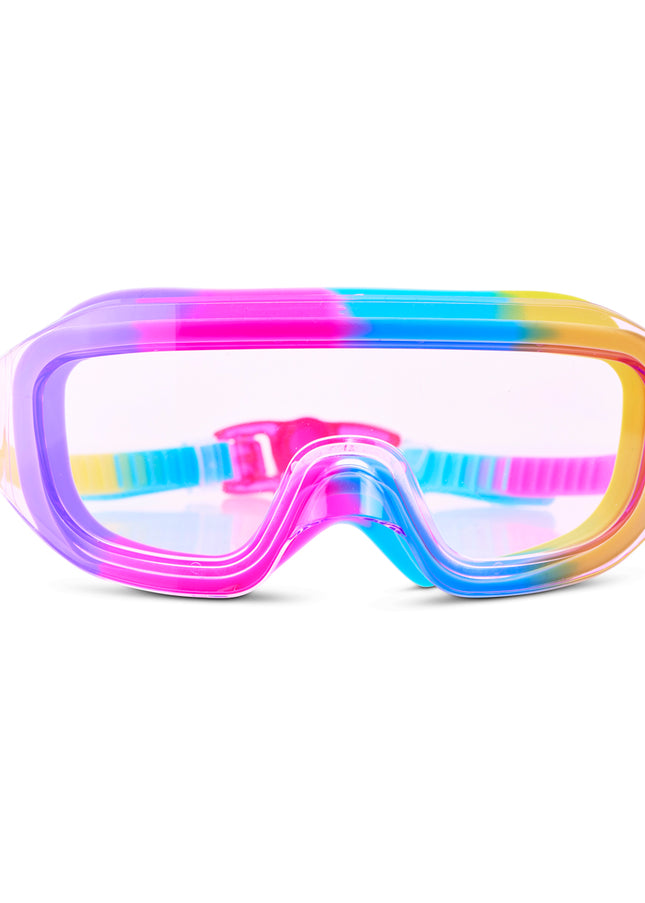 Hologlow Kid's Swim Goggles in Hyper Rainbow showing a wide frameless lens with purple, pink, blue and yellow silicone gasket