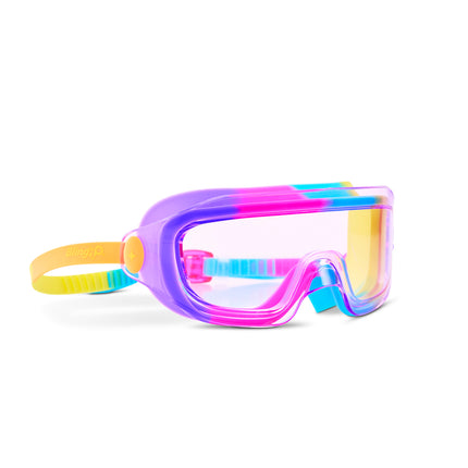 angled view of Hologlow Kid's Swim Goggles in Hyper Rainbow showing a wide frameless lens with purple, pink, blue and yellow silicone gasket