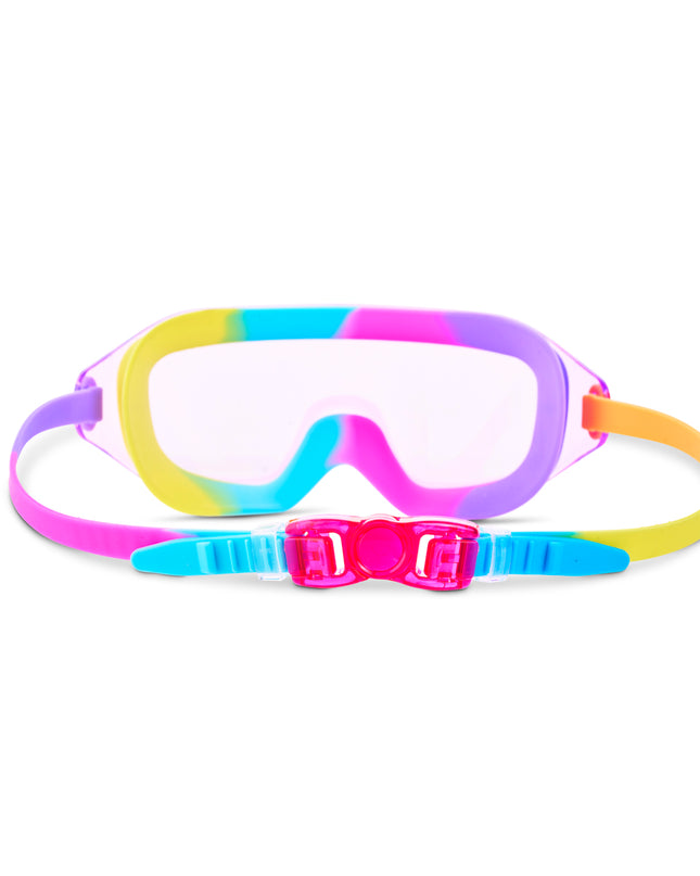 back view of Hologlow Kid's Swim Goggles in Hyper Rainbow showing strap and back clip