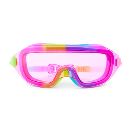 Hologlow Kid's Swim Goggles in Pixel Pink showing a wide frameless lens with neon pink, green, blue, and purple colored silicone gasket