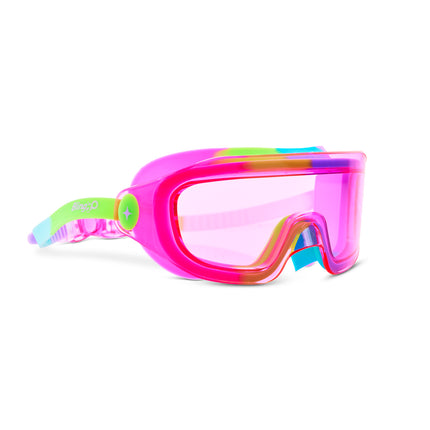 angled view of Hologlow Kid's Swim Goggles in Pixel Pink showing a wide frameless lens with neon pink, green, blue, and purple colored silicone gasket