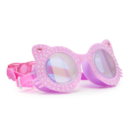 angled view of kitten kids cat-shaped swim goggles in paw print pink showing rhinestone details and whiskers on frame